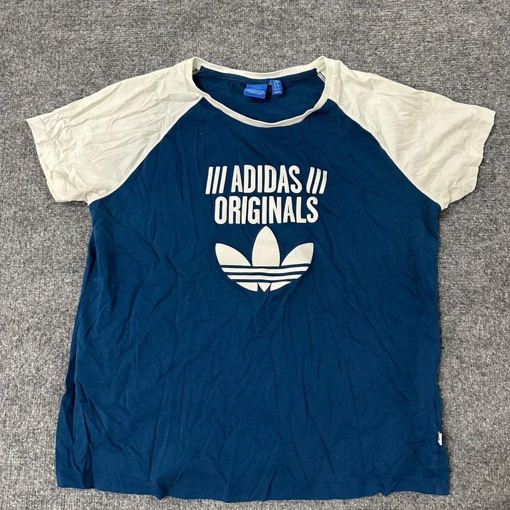 Adidas T-Shirt Womens Size XL Blue Raglan Trefoil Cotton Short Sleeve Athletic